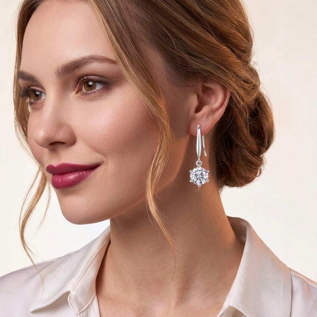 Round Moissanite Solitaire Drop Earrings on Long Hooks in 925 Silver - on model