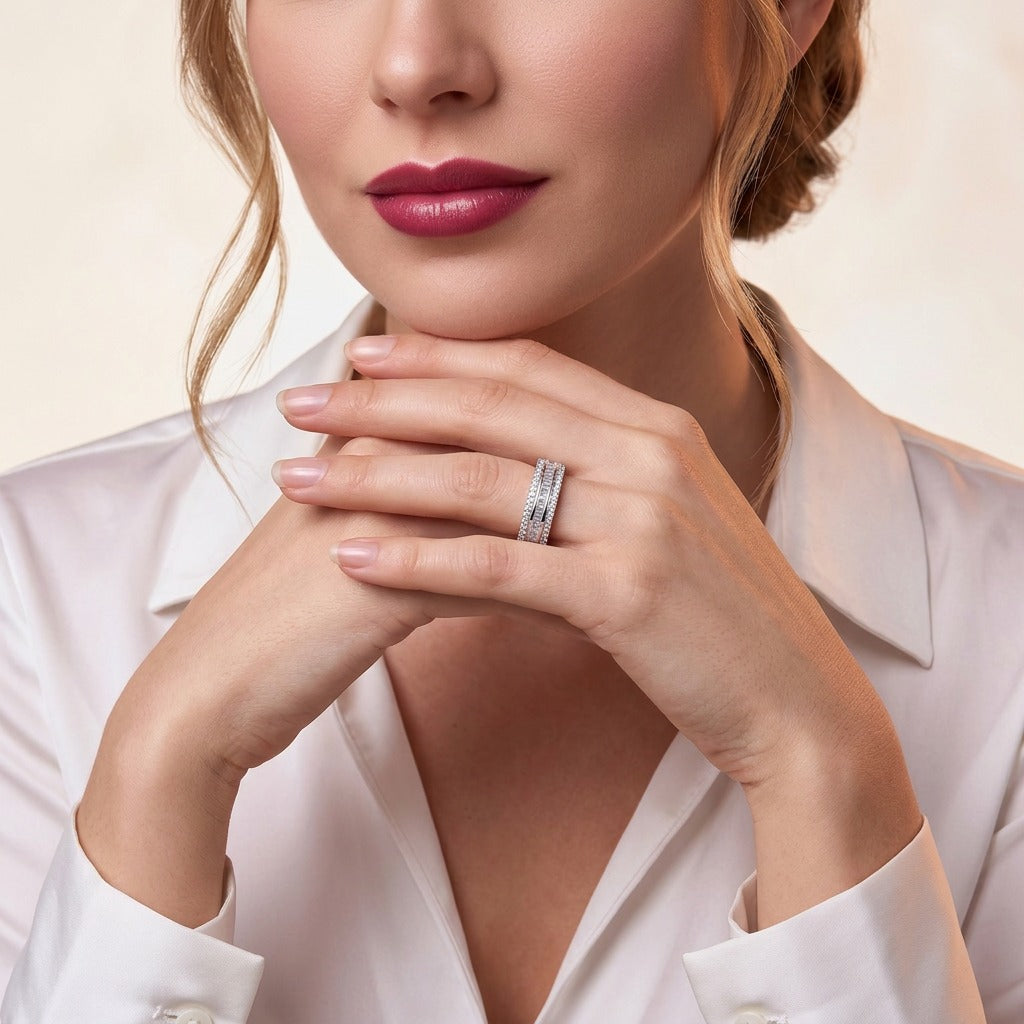 Baguette and Round Moissanite Three-Row Eternity Band in 925 Silver - on model