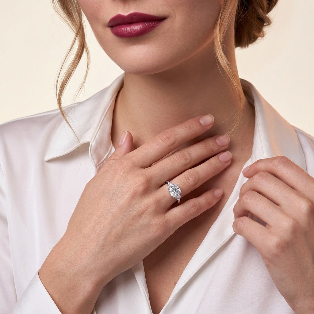 Cushion Moissanite Three-Stone Ring with Pear Sides in 925 Silver - on model
