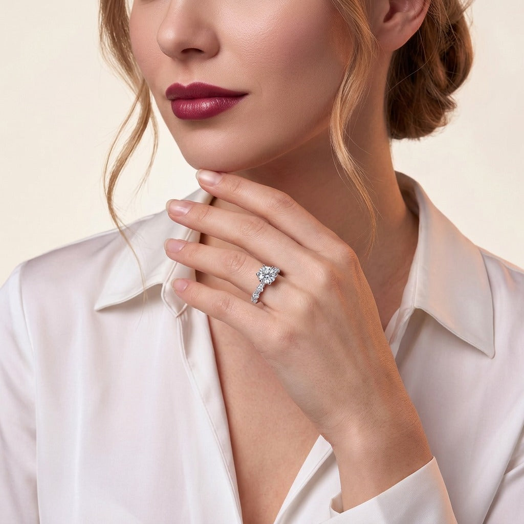 Round Moissanite Six-Prong Solitaire with Patterned Pave Band in 925 Silver - on model