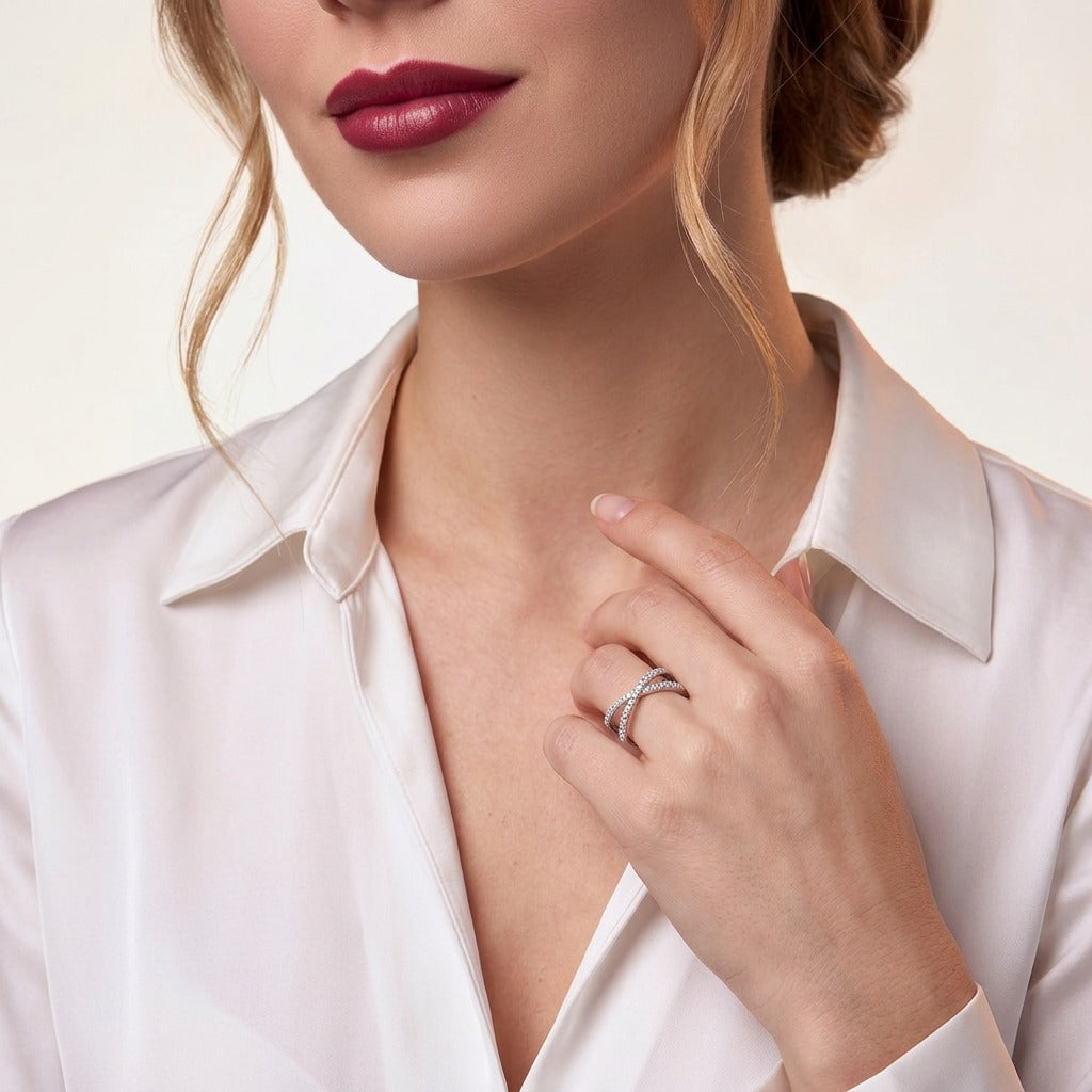 Moissanite Pave Criss-Cross X Ring in 925 Sterling Silver - on model