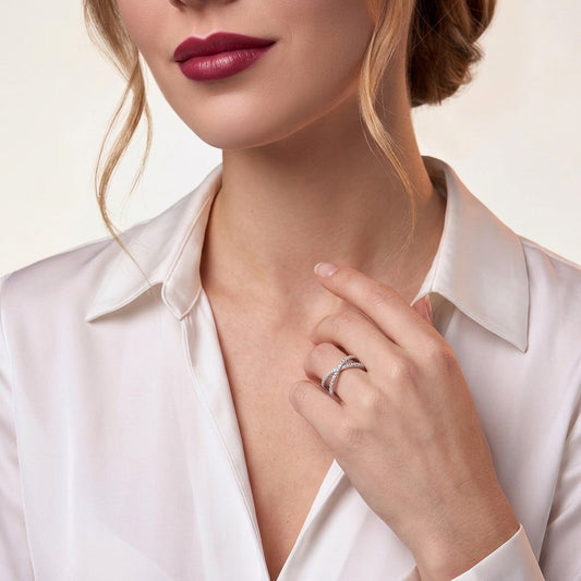 Moissanite Pave Criss-Cross X Ring in 925 Sterling Silver - on model