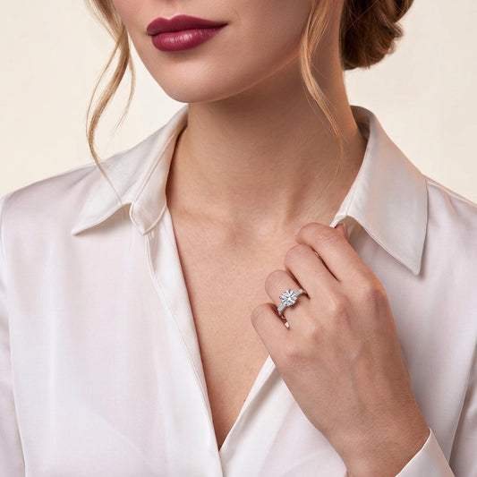 Round Moissanite Ring with Tapered Baguettes in 925 Sterling Silver - on model