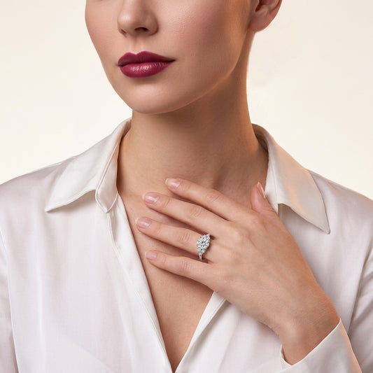 Round Moissanite Engagement Ring with Cluster Shoulders in 925 Silver - on model