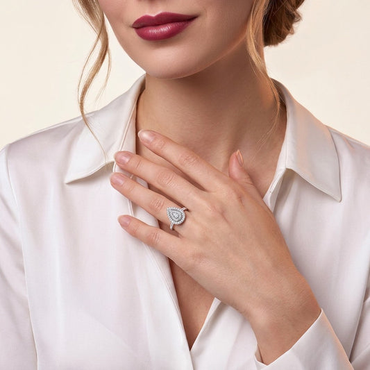 Pear-Shaped Moissanite Cluster Double-Halo Ring in 925 Silver - on model