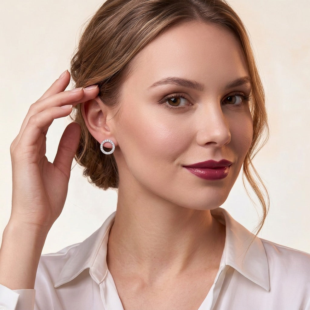 Moissanite Pave Open Circle Stud Earrings in 925 Sterling Silver - on model