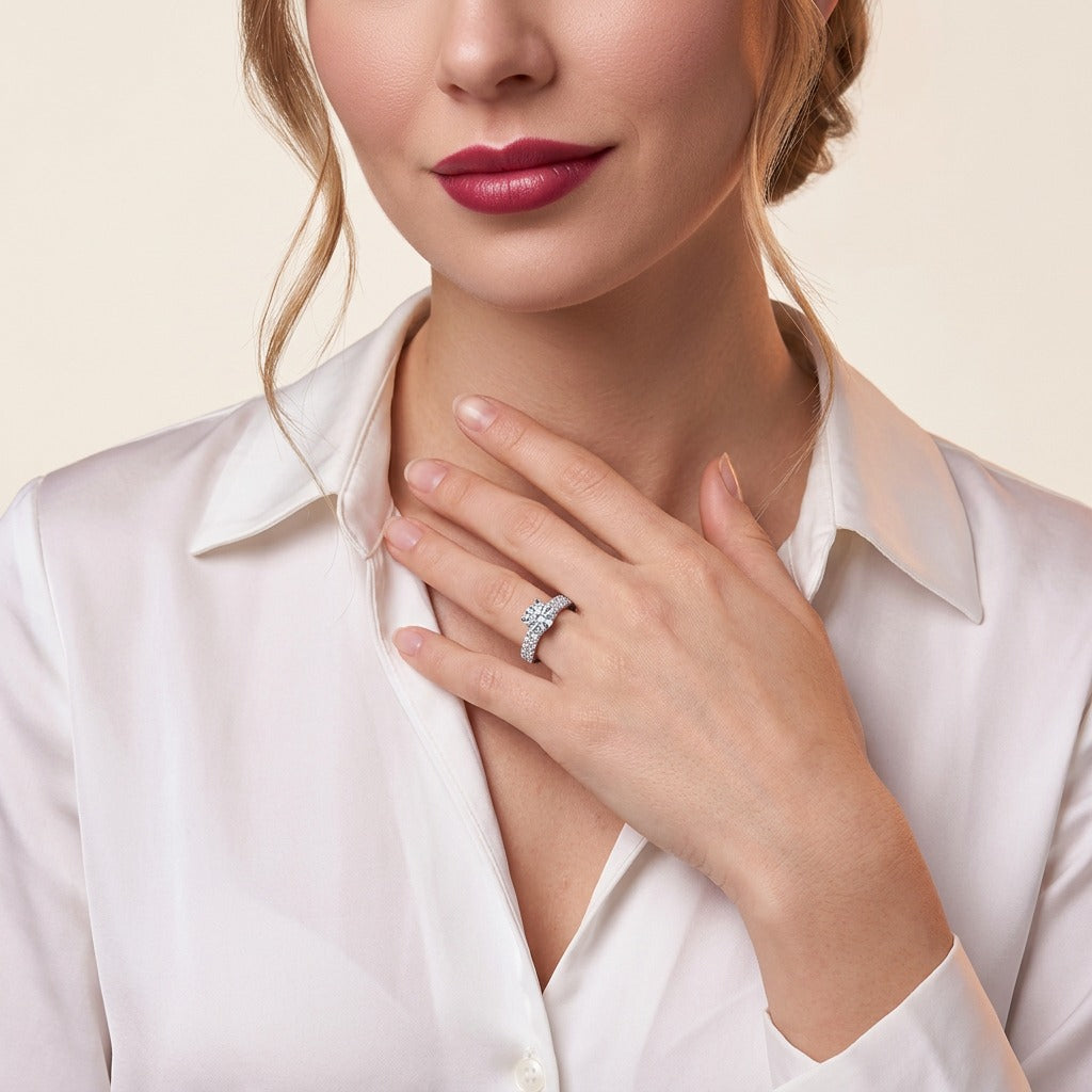 Round Moissanite Solitaire Ring with Shared-Prong Band in 925 Silver - on model