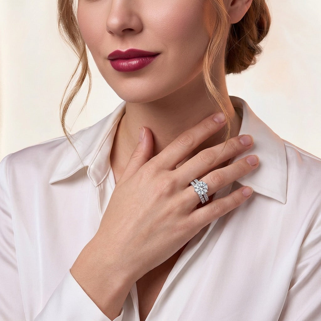 Round Moissanite Six-Prong Bridal Ring Set in 925 Sterling Silver - on model