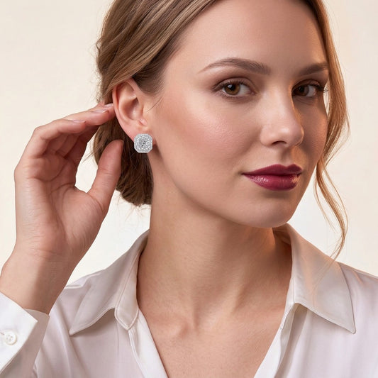 Round Moissanite Octagonal Double-Halo Stud Earrings in 925 Silver - on model