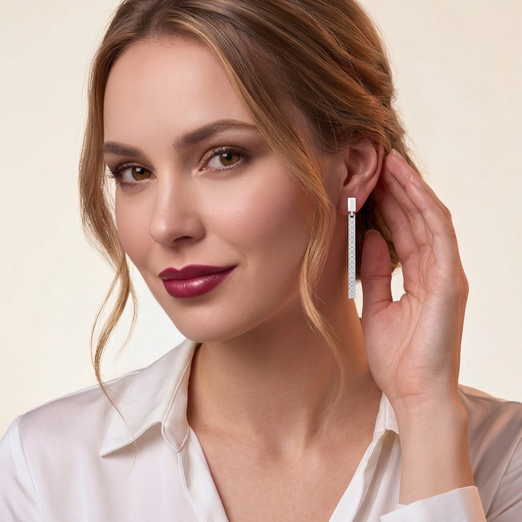 Moissanite Pave Linear Bar Drop Earrings in 925 Sterling Silver - on model