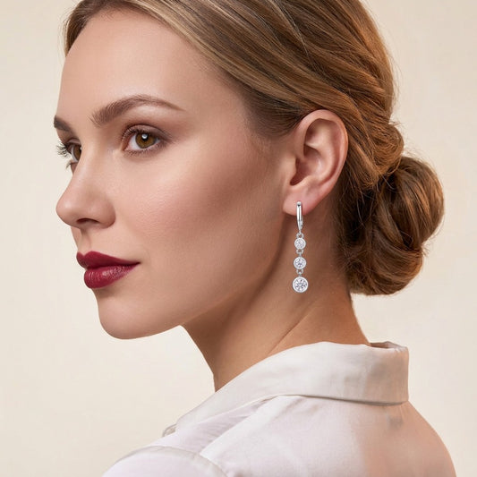 Round Moissanite Triple Bezel Drop Earrings in 925 Sterling Silver - on model