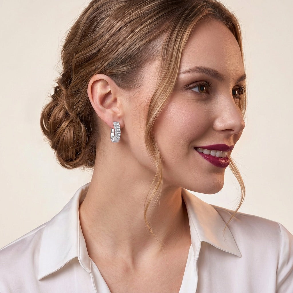 Moissanite Three-Row Pave Wide Huggie Earrings in 925 Silver - on model