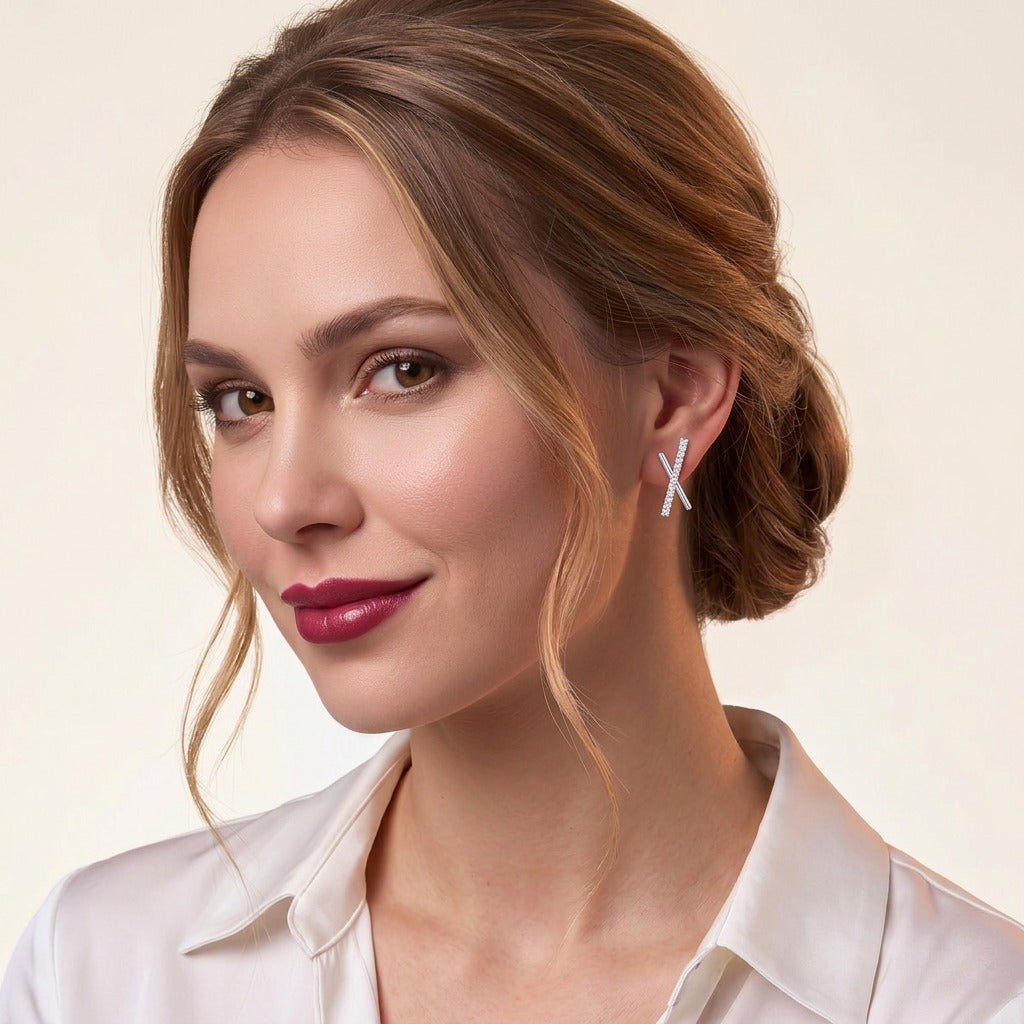 Moissanite Pave Crossed-Bar X Stud Earrings in 925 Sterling Silver - on model