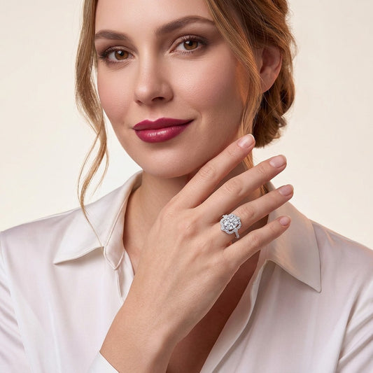 Oval Moissanite Ring with Floral Pave Halo in 925 Sterling Silver - on model
