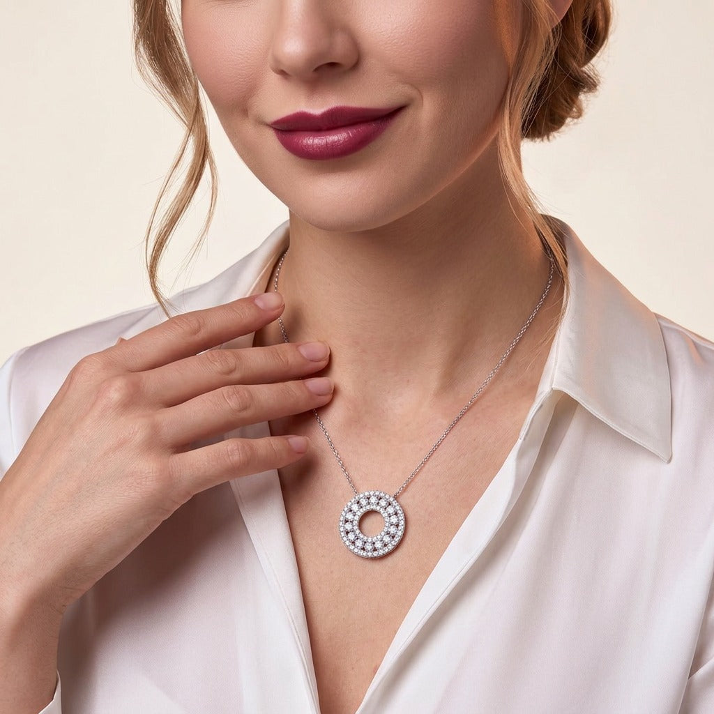 Moissanite Pave Open Circle Pendant Necklace in 925 Sterling Silver - on model