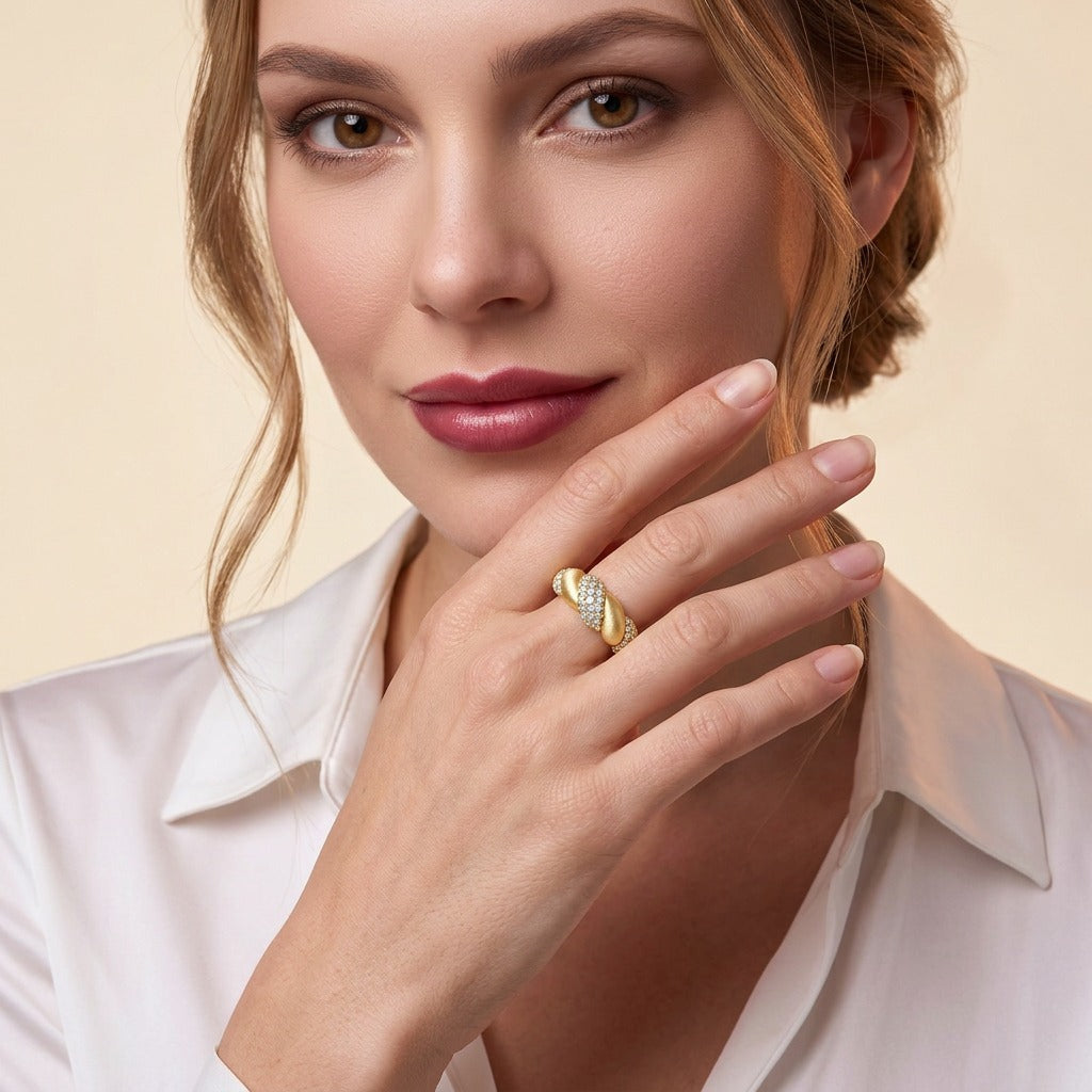 Moissanite Pave Twisted Croissant Dome Ring in Gold-Plated 925 Silver - on model