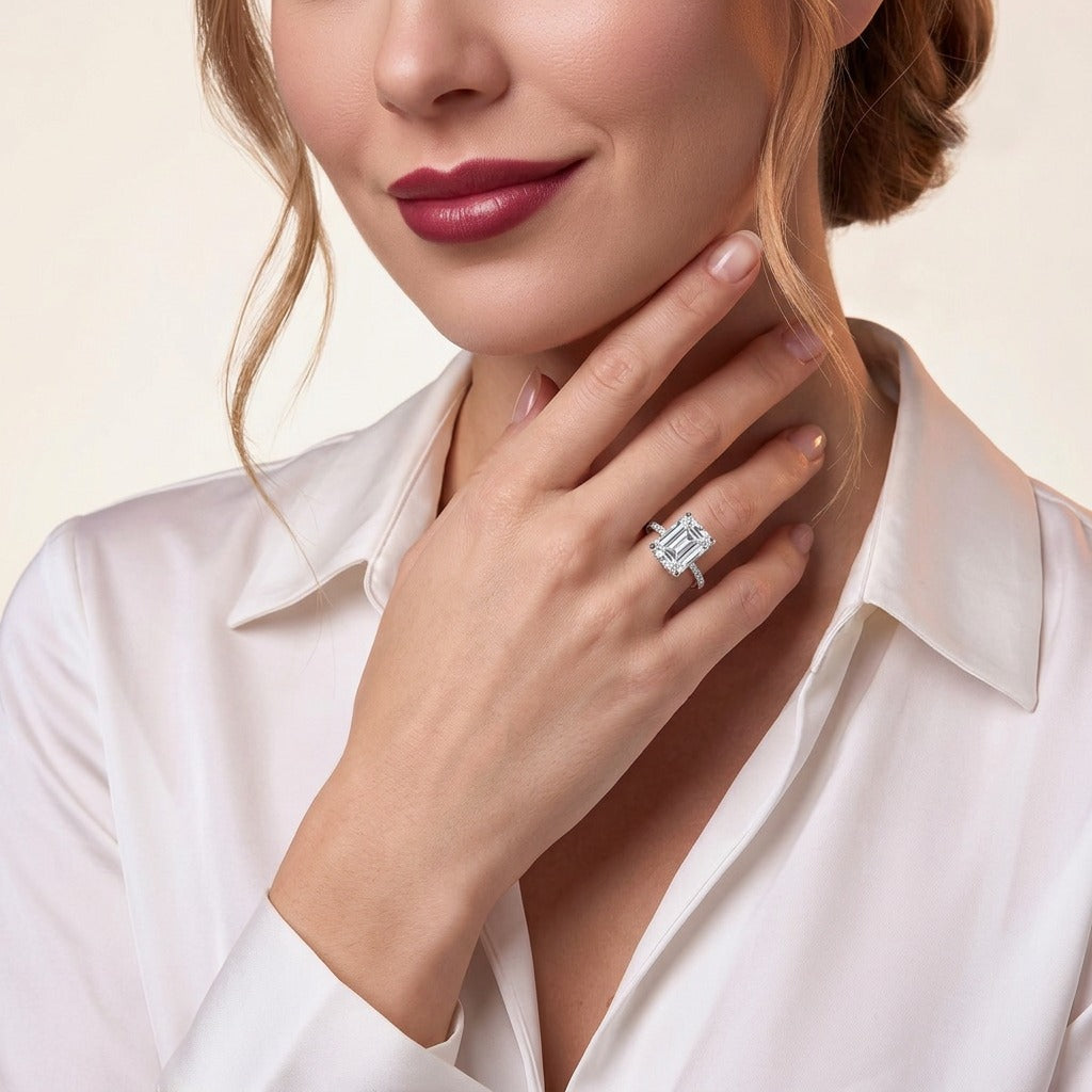 Emerald-Cut Moissanite Hidden-Halo Solitaire Ring in 925 Silver - on model