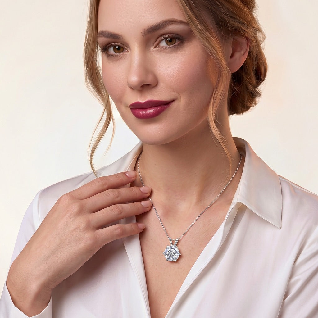 Round Moissanite Six-Prong Solitaire Pendant Necklace in 925 Silver - on model