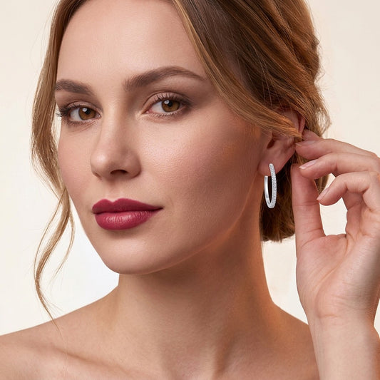 Moissanite Pave Front Hoop Earrings in 925 Sterling Silver - on model