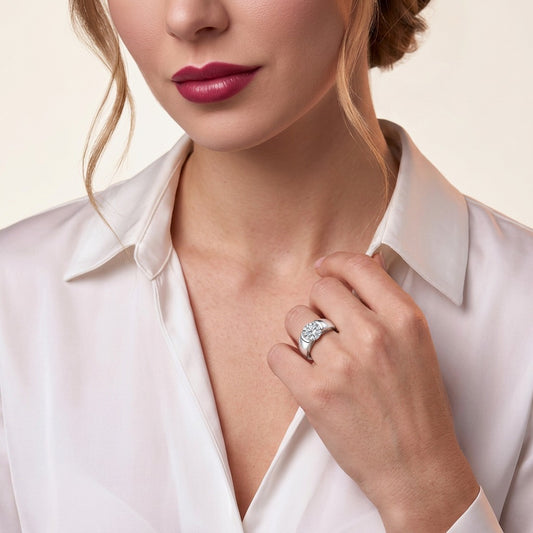 Round Moissanite Half-Bezel Solitaire Ring with Wide Band in 925 Silver - on model