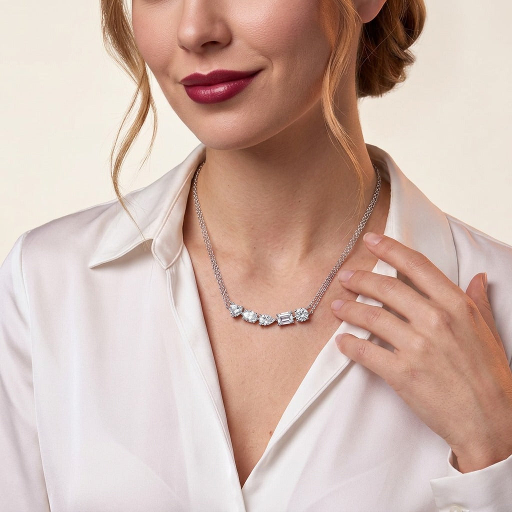 Mixed-Cut Moissanite Curved Bar Necklace in 925 Sterling Silver - on model