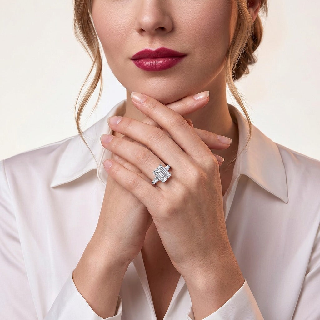 Emerald-Cut Moissanite Ring with Tapered Baguettes in 925 Silver - on model