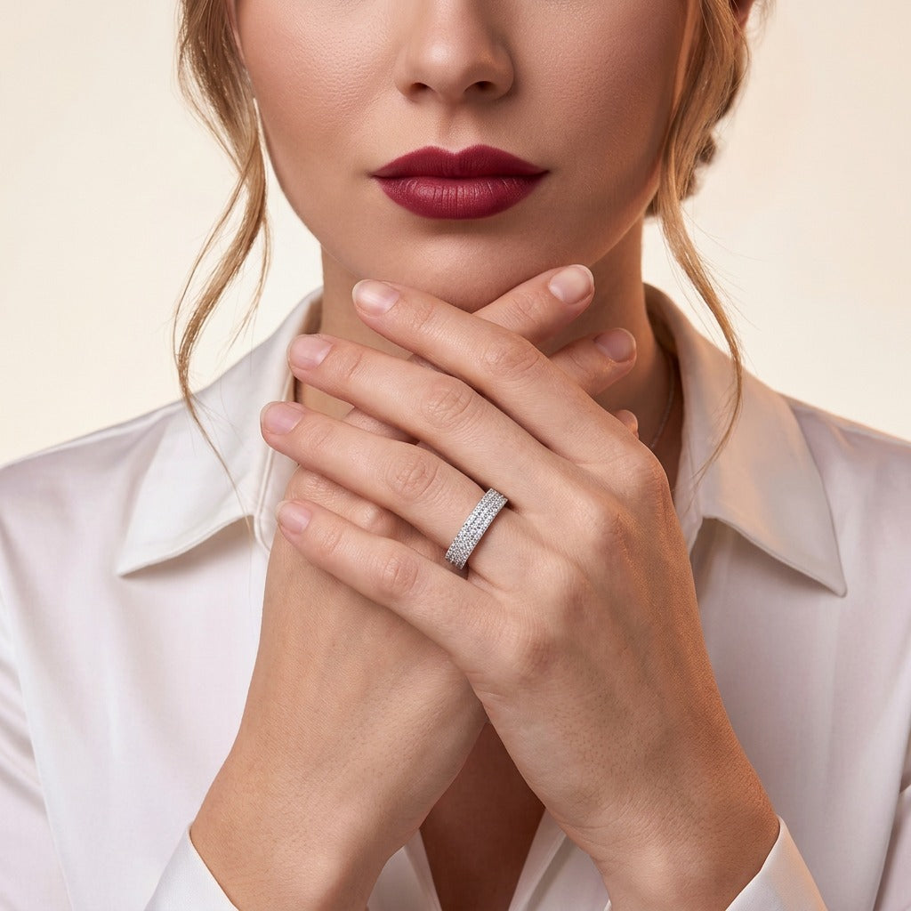 Moissanite Three-Row Pave Full Eternity Band in 925 Sterling Silver - on model