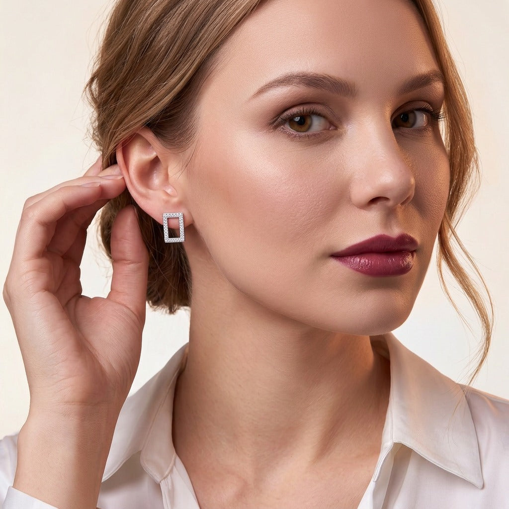 Moissanite Pave Open Rectangle Stud Earrings in 925 Sterling Silver - on model