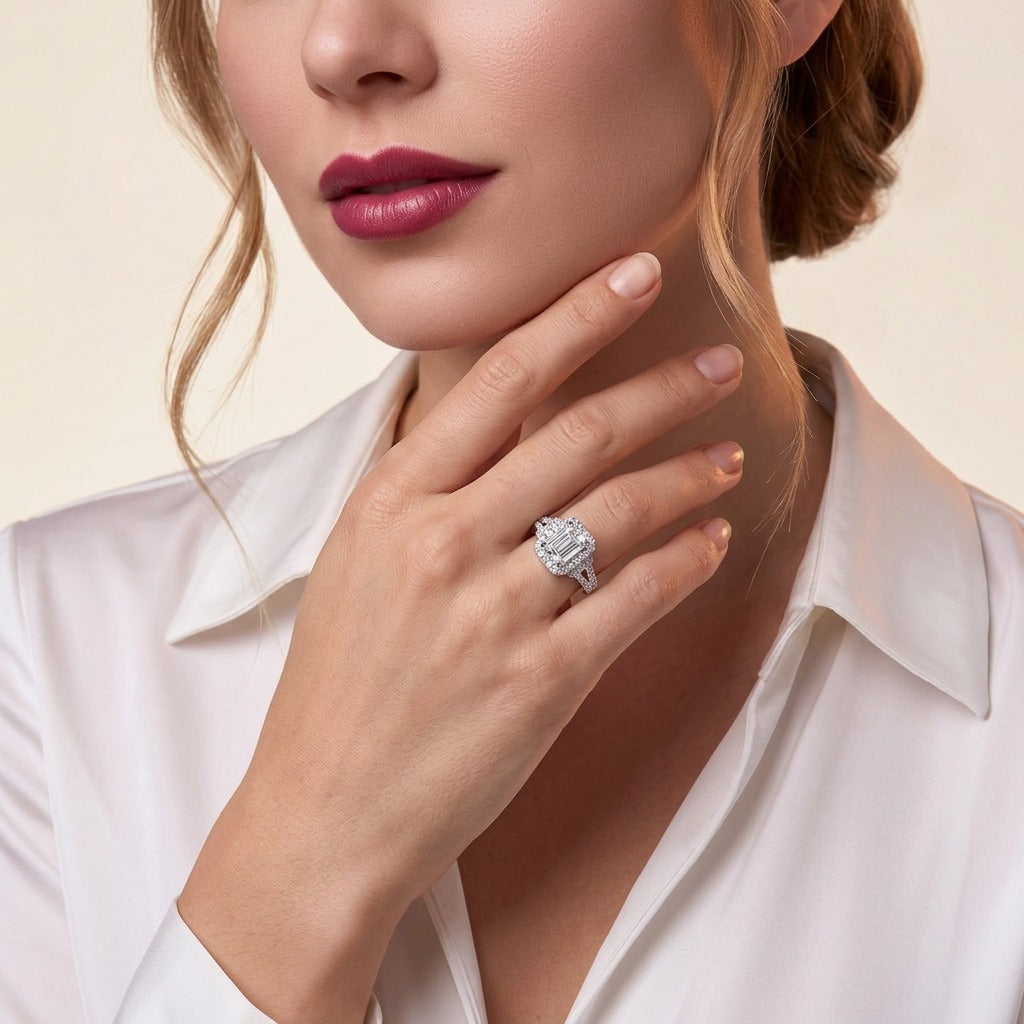 Emerald-Cut Moissanite Halo Ring with Split Pave Shank in 925 Silver - on model