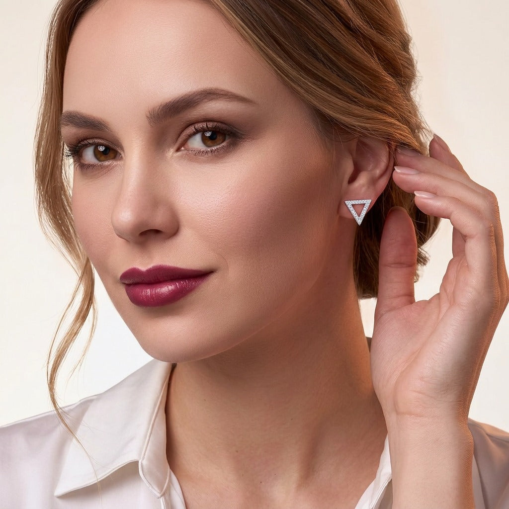 Geometric Triangle Moissanite Pave Stud Earrings in 925 Silver - on model