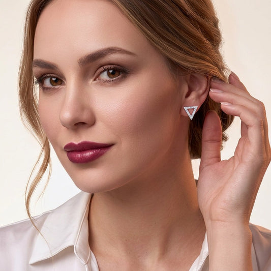 Geometric Triangle Moissanite Pave Stud Earrings in 925 Silver - on model