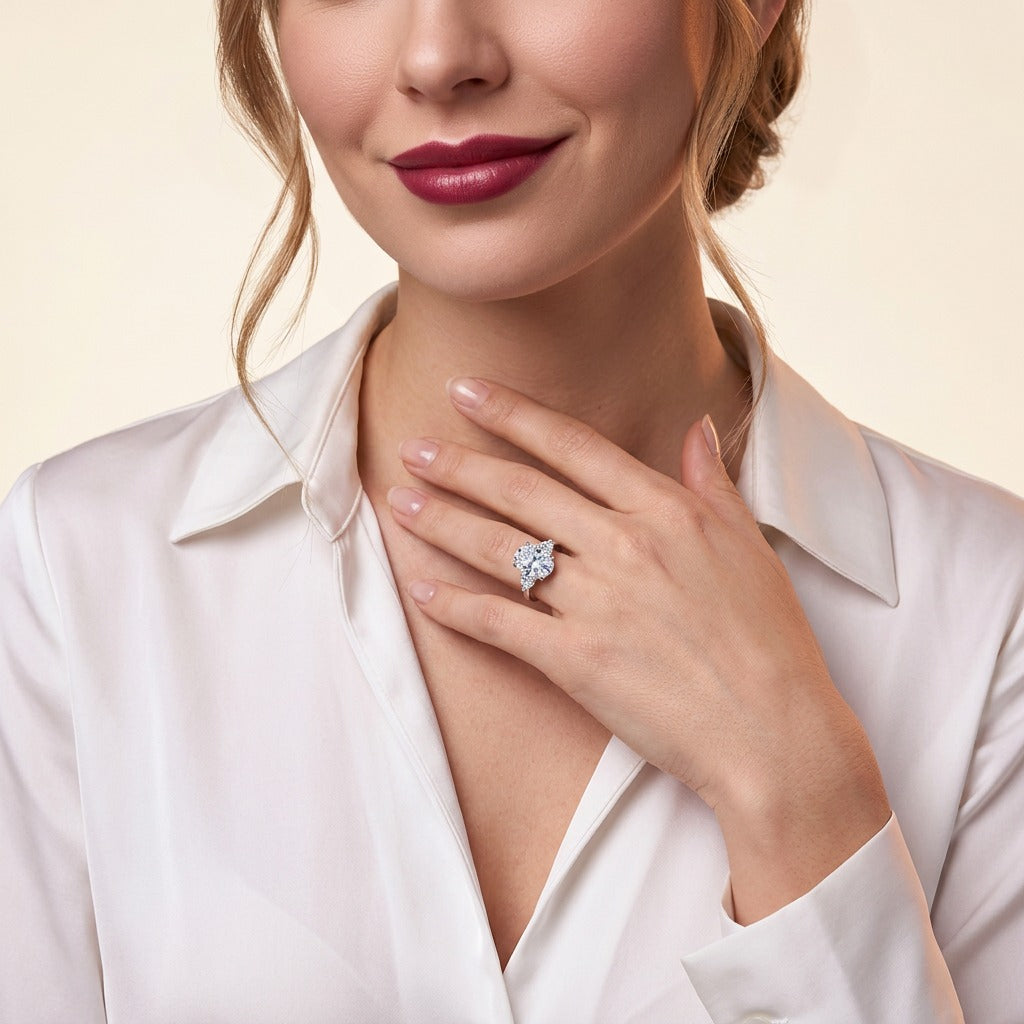 Oval Moissanite Three-Stone Ring with Pear Sides in 925 Silver - on model