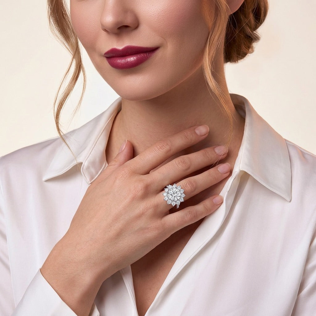Round Moissanite Sunflower Halo Ring with Pear Petals in 925 Silver - on model