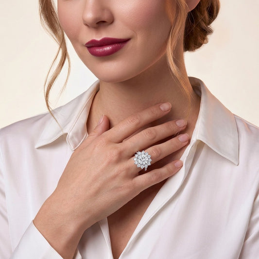 Round Moissanite Sunflower Halo Ring with Pear Petals in 925 Silver - on model