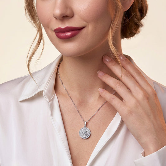 Round Moissanite Double-Halo Disc Pendant Necklace in 925 Silver - on model