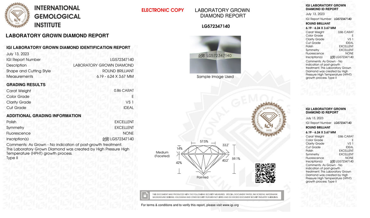 Official IGI report LG572347140 (from igi.org) for this 0.86 carat E lab-grown diamond