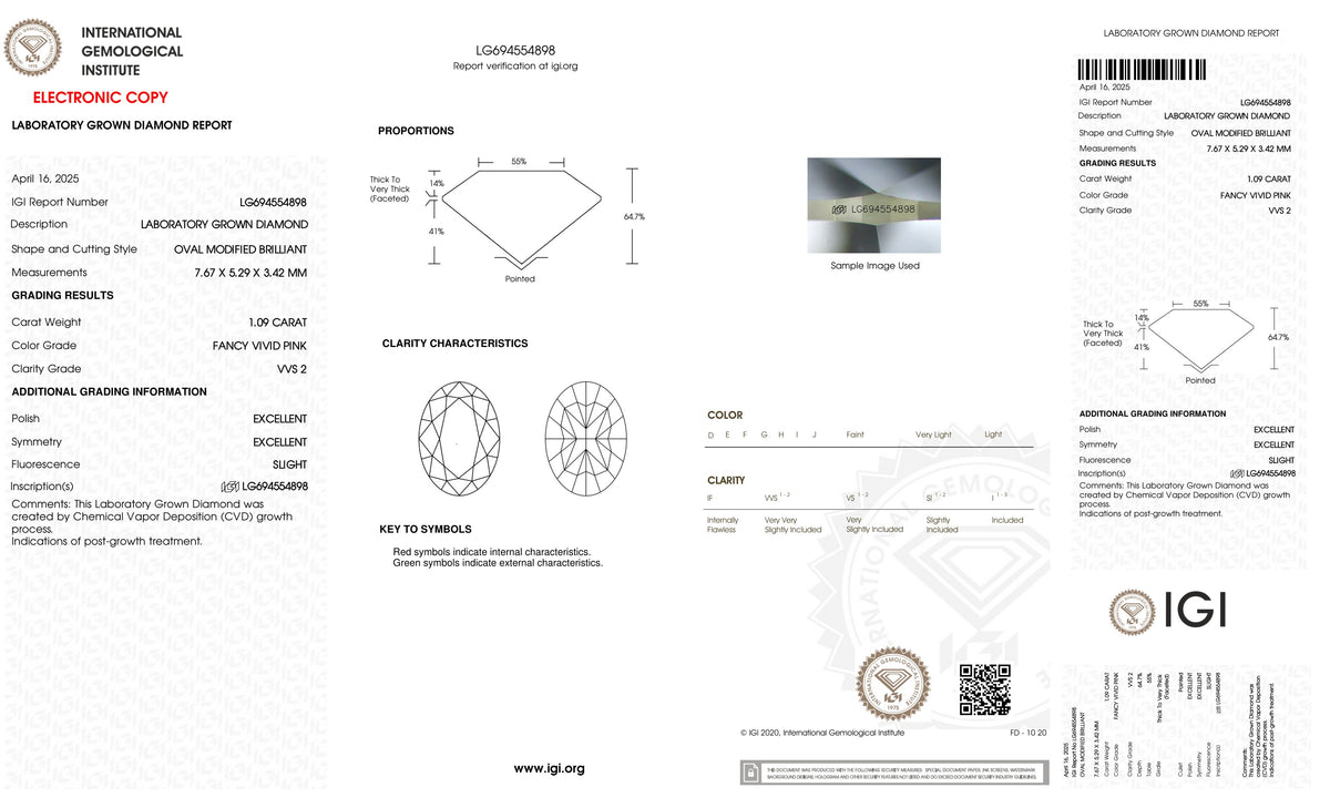 Official IGI report LG694554898 (from igi.org) for this 1.09 carat Fancy Vivid Pink lab-grown diamond