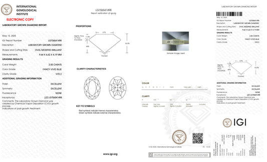 Official IGI report LG706541498 (from igi.org) for this 2.05 carat Fancy Vivid Blue lab-grown diamond