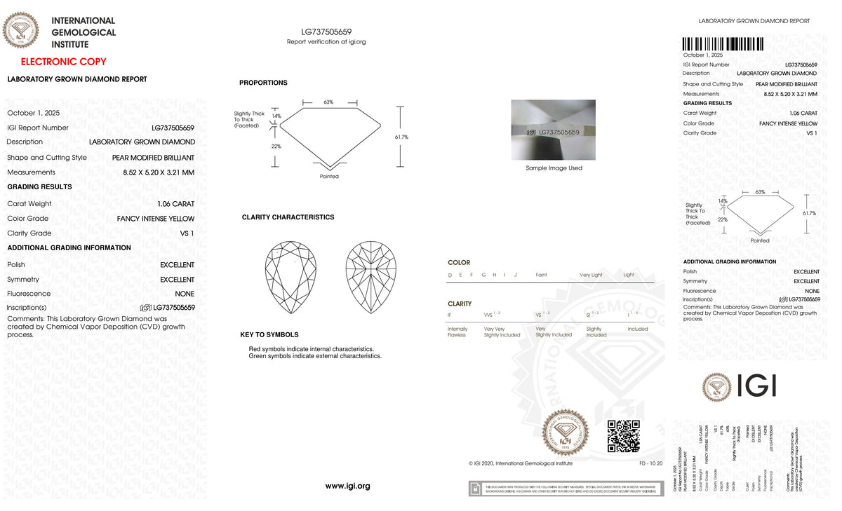 Official IGI report LG737505659 (from igi.org) for this 1.06 carat Fancy Intense Yellow lab-grown diamond