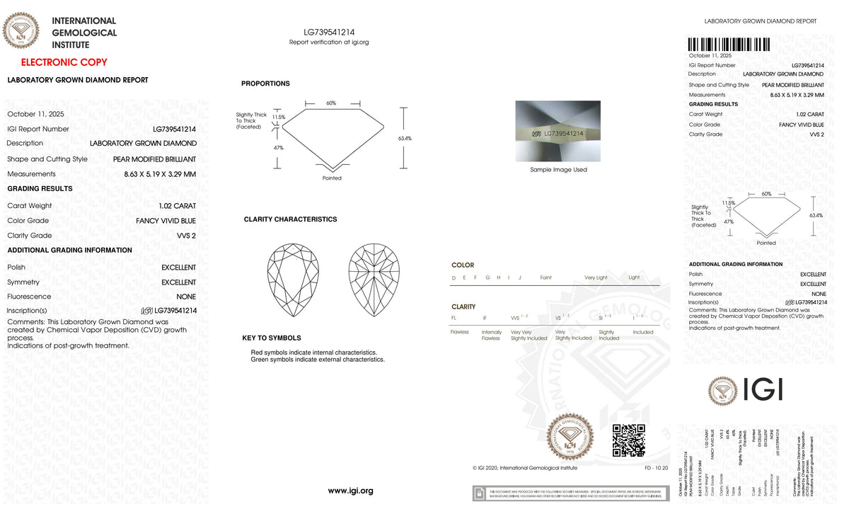 Official IGI report LG739541214 (from igi.org) for this 1.02 carat Fancy Vivid Blue lab-grown diamond