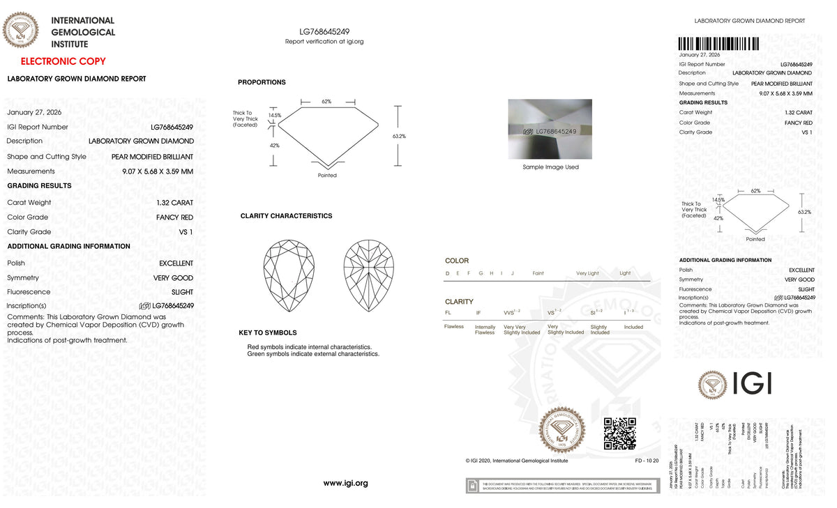 Official IGI report LG768645249 (from igi.org) for this 1.32 carat Fancy Red lab-grown diamond