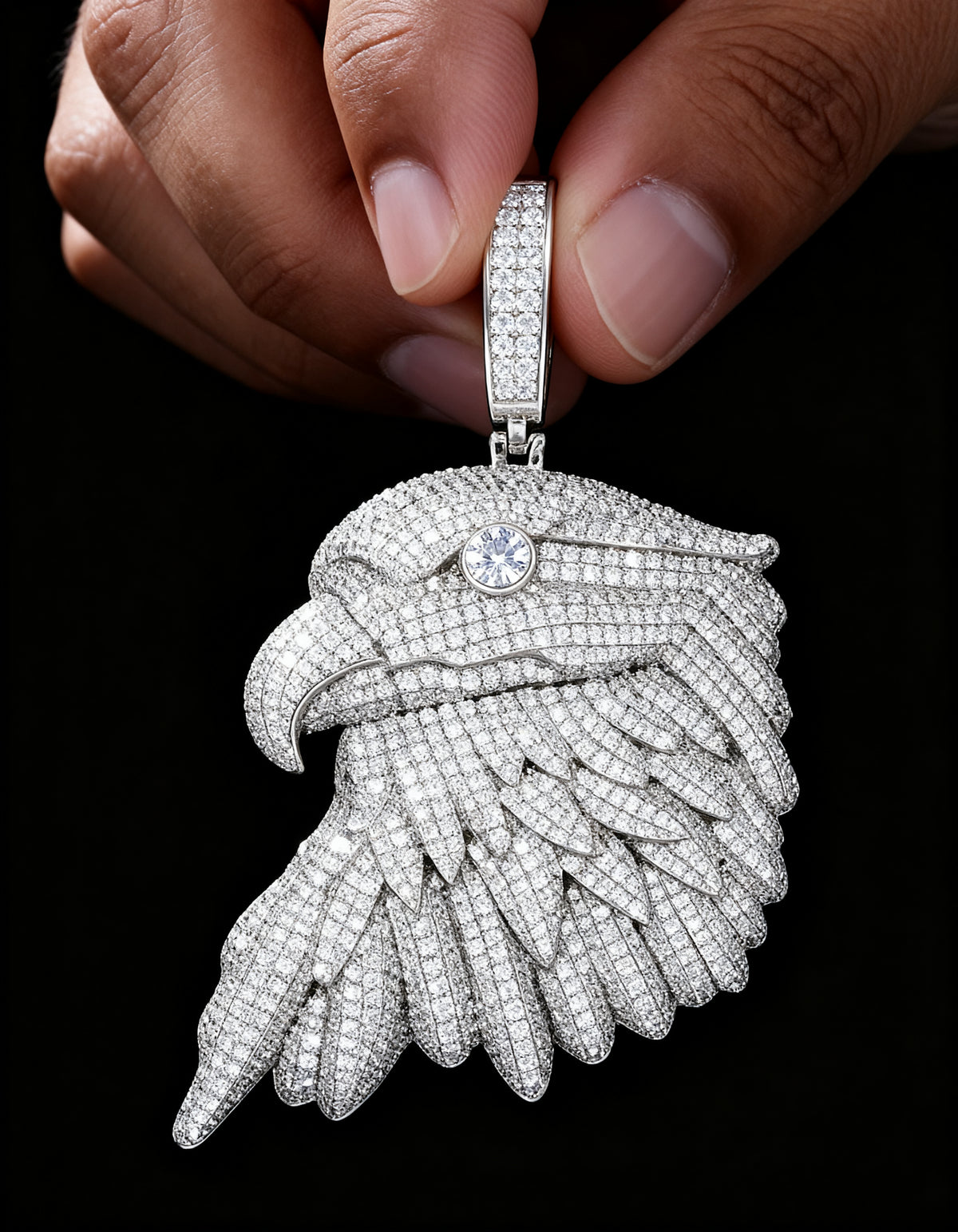 Iced Out Bald Eagle Pendant in 925 silver with moissanite - angled left view