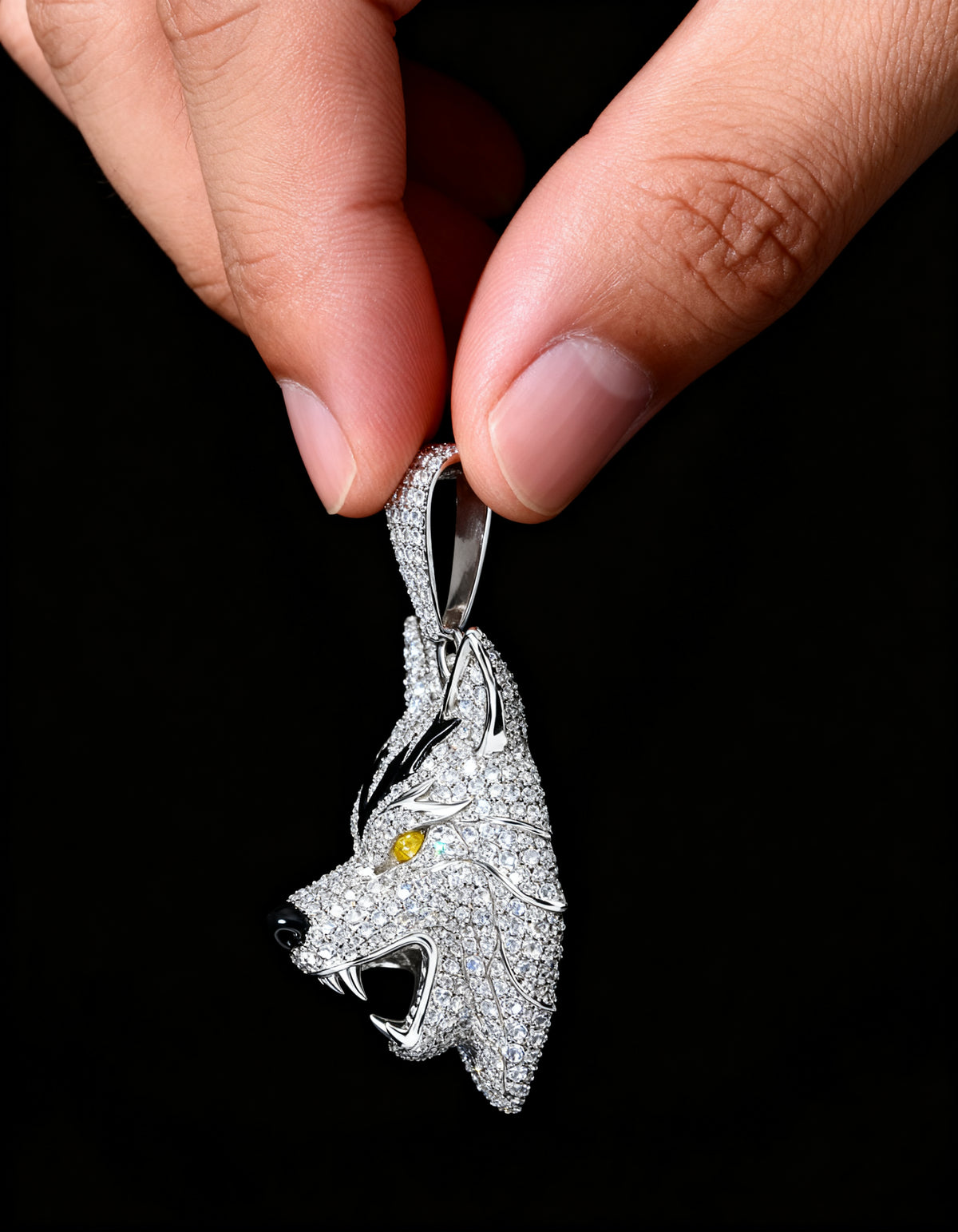 Iced Out 3D Wolf Head Pendant - side profile