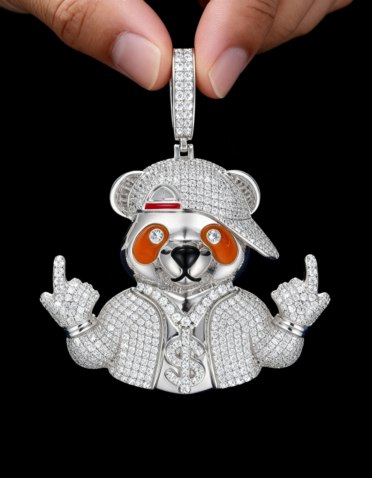 Iced Out Bear Pendant in 925 silver with moissanite - front view on black