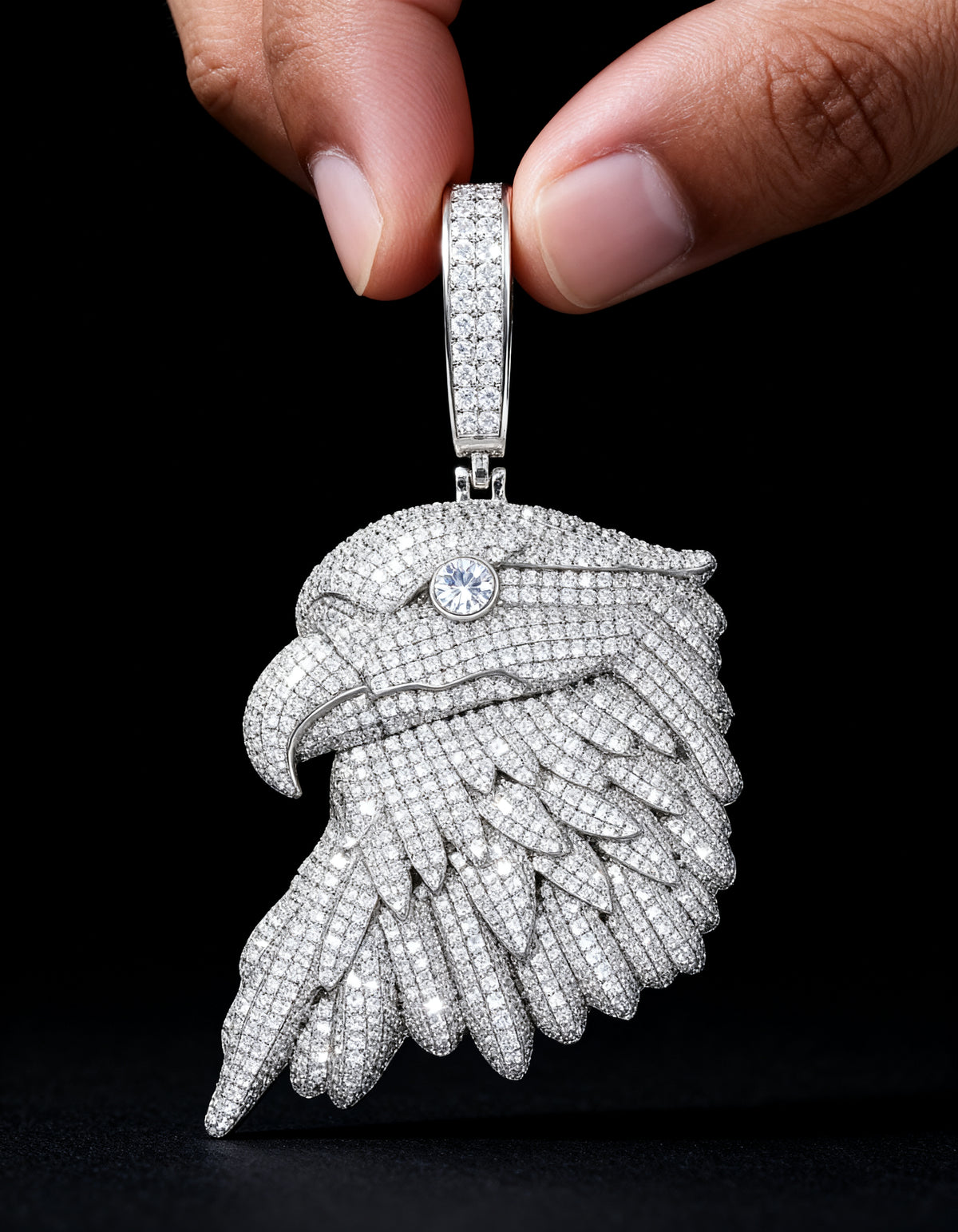 Iced Out Bald Eagle Pendant in 925 silver with moissanite - front view on black