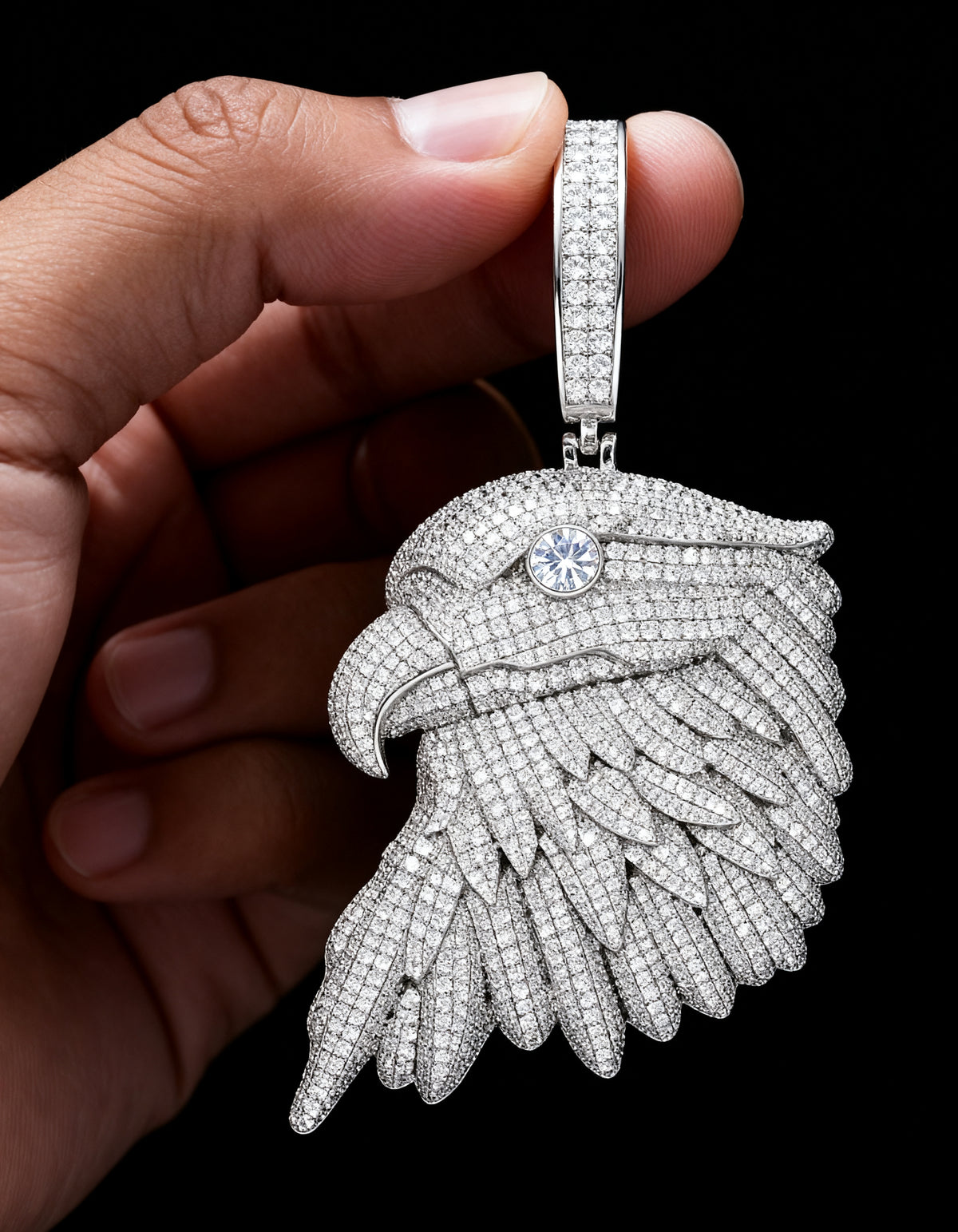 Iced Out Bald Eagle Pendant in 925 silver with moissanite - side view
