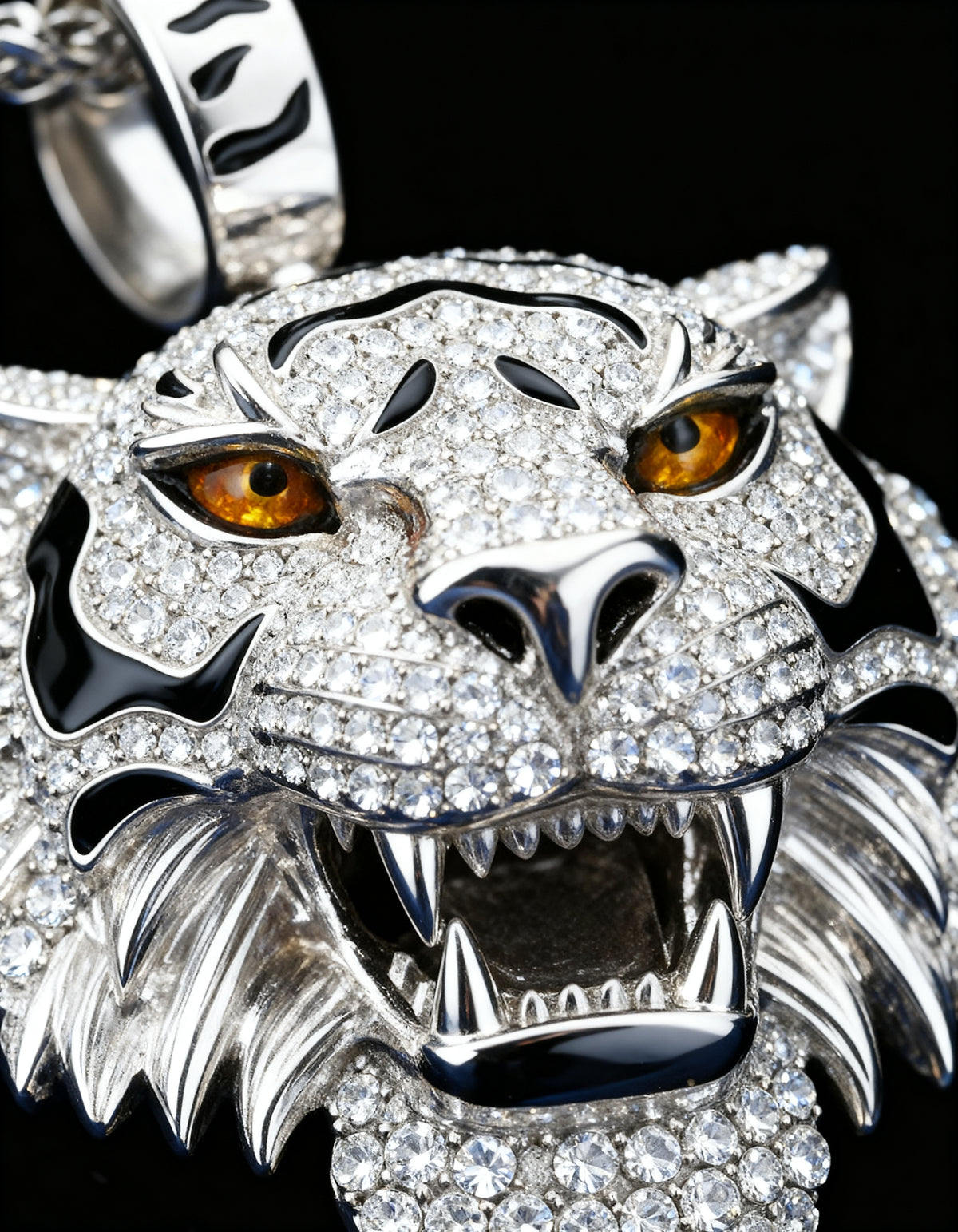 Moissanite Tiger Pendant in 925 silver - close-up of the pave, black enamel stripes and amber eyes