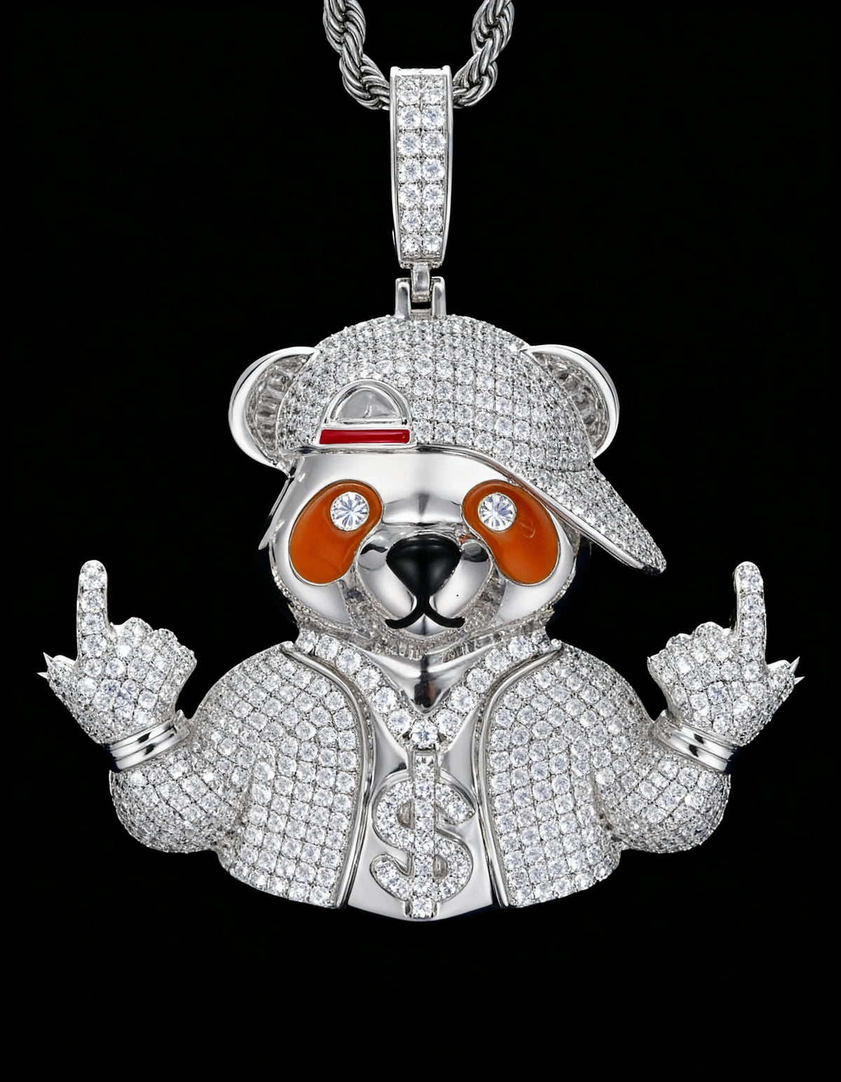 Iced Out Bear Pendant in 925 silver with moissanite - close-up of the whole pendant: cap, orange enamel eyes, raised paws and dollar sign
