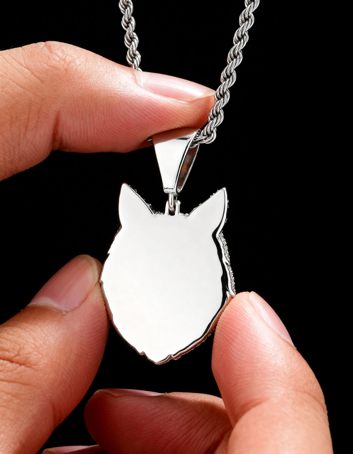 Iced Out 3D Wolf Head Pendant - plain polished silver back