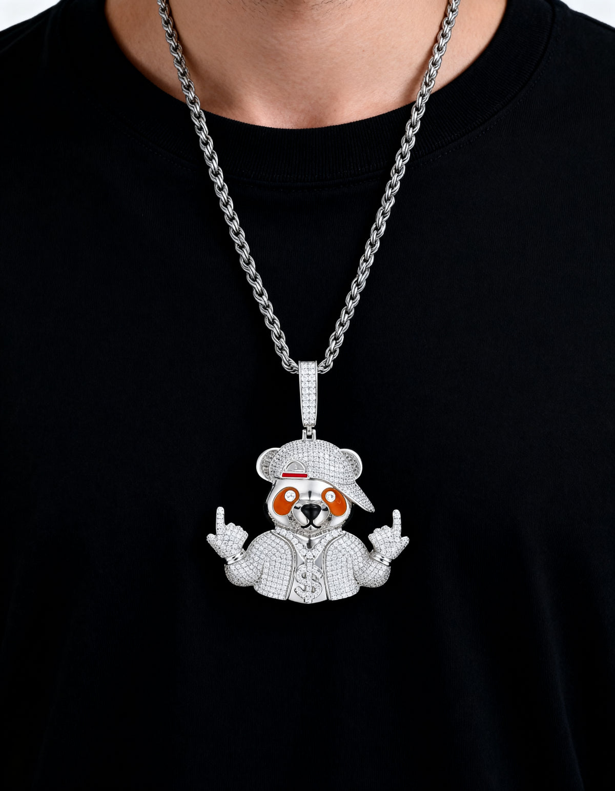 Iced Out Bear Pendant in 925 silver with moissanite - worn on a chain